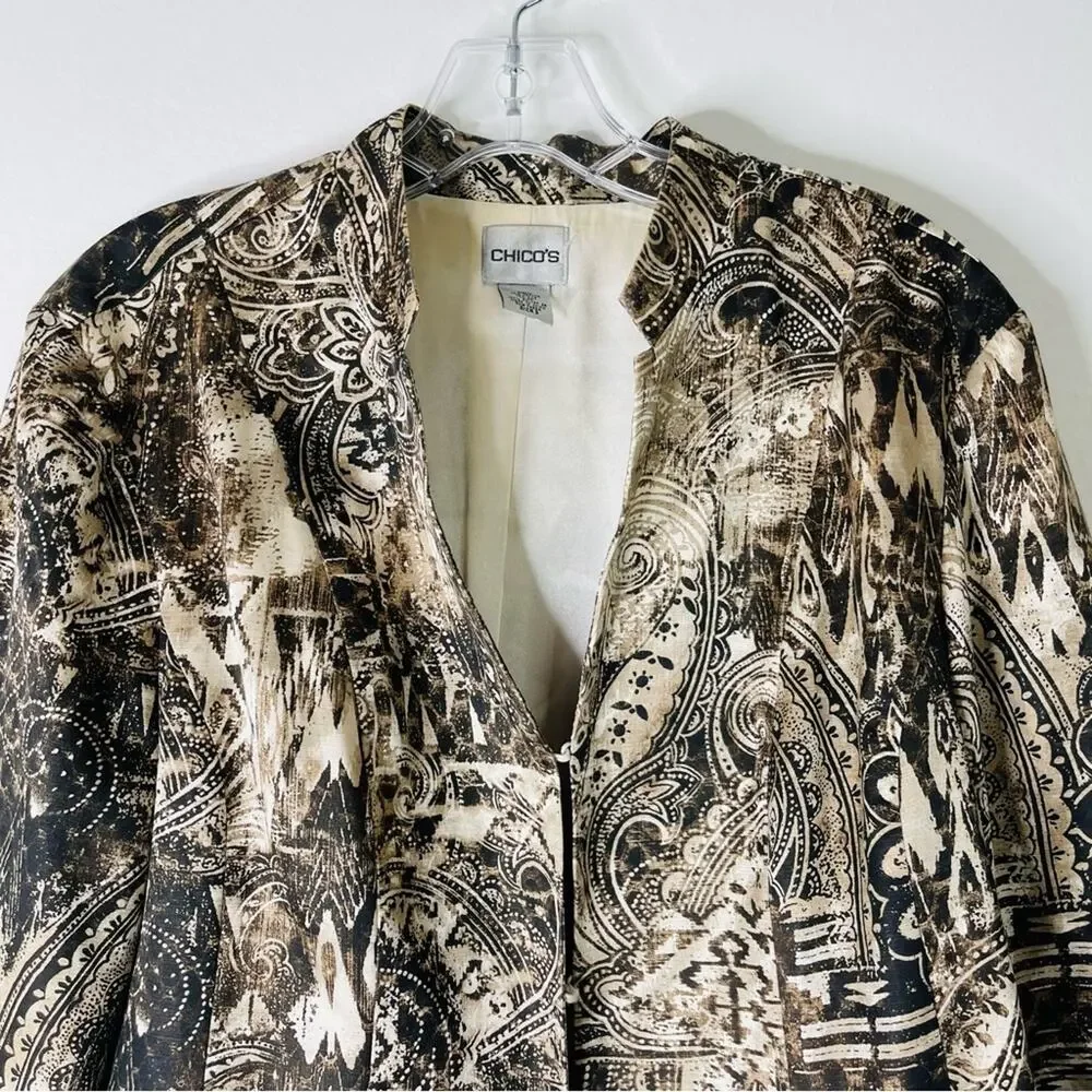 Chico’s cream brown silk floral office boho preppy lightweight blazer large